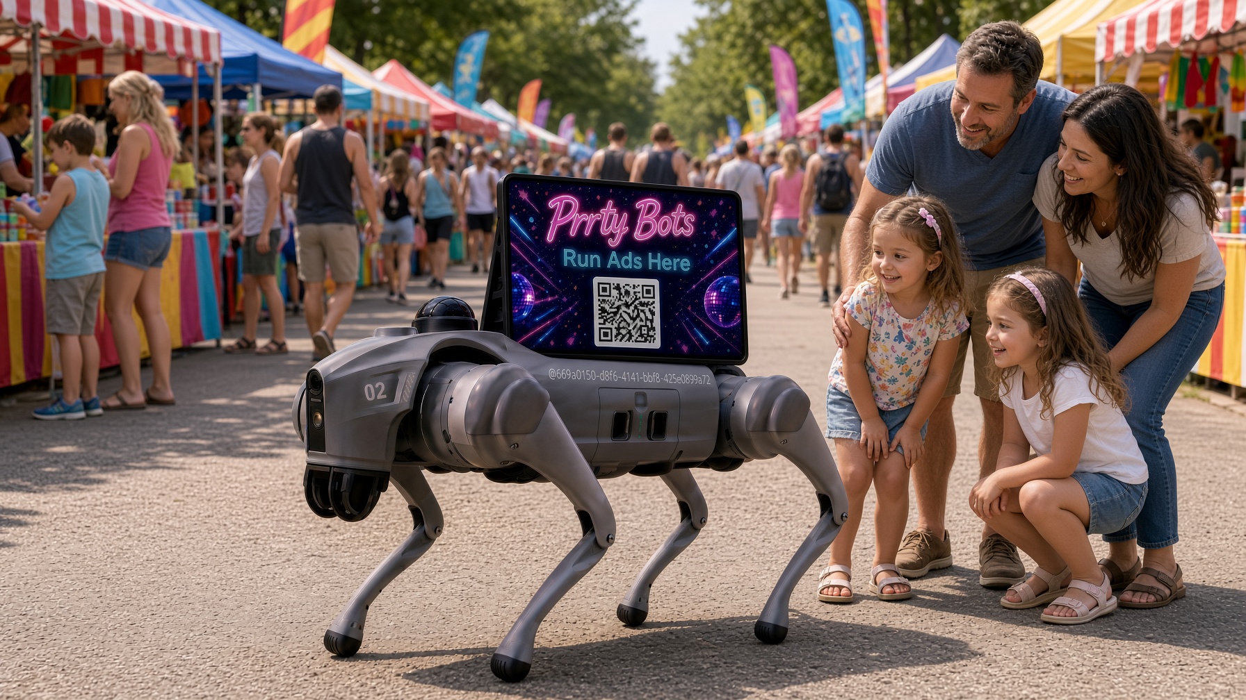 Prrty Bot walking billboard at a festival — concept